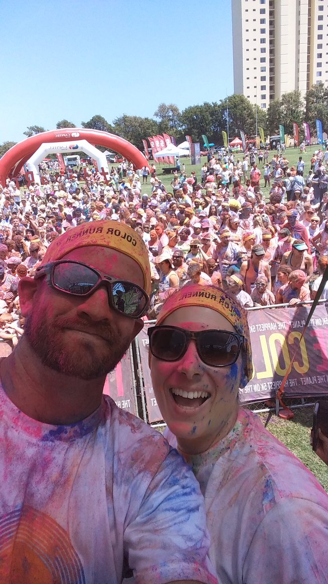 G_Skev's tweet photo. Feel like I was attacked by a rainbow of gummyberry juice & Smurf farts.
Thanks @TheColorRunSA #colourful #ColourMeFun
With @claire_skev https://t.co/9dJDap9y0n