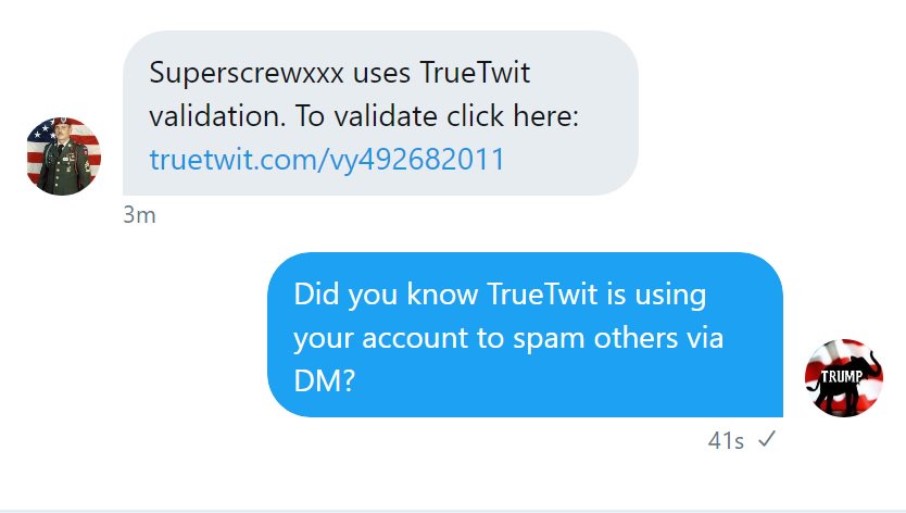 VoteTrumpMAGA's tweet photo. If you use TrueTwit, please be aware what is gong on with this program.  You are most likely being used.

#IHateSpam https://t.co/GJzamh3Blf