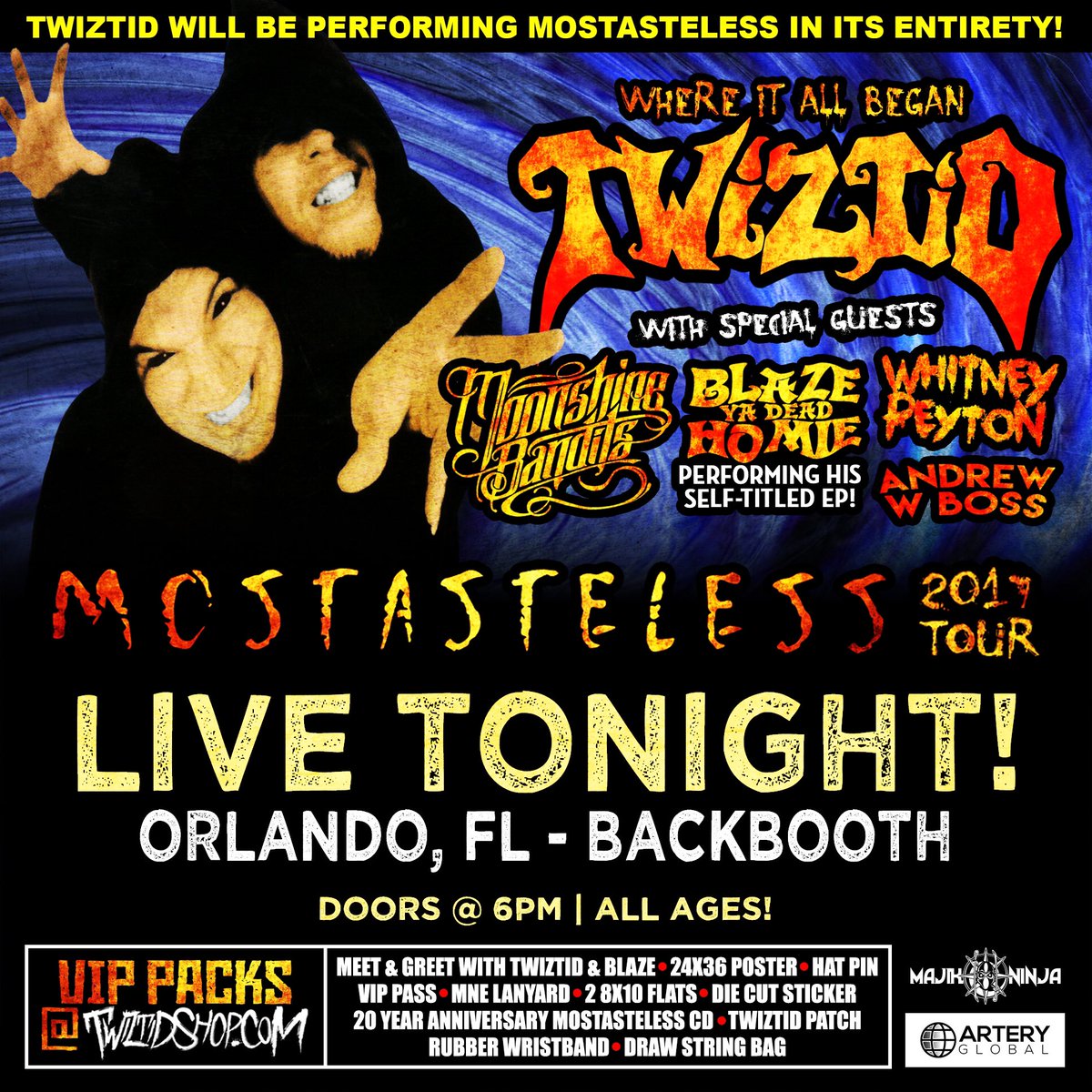 majikninjaent's tweet photo. Get ready Orlando ninjas, the #mostasteless tour is heading your way TONIGHT!!!
#backbooth is the place to be from 6pm ☠️
#twiztid https://t.co/qj1dHdX3UB