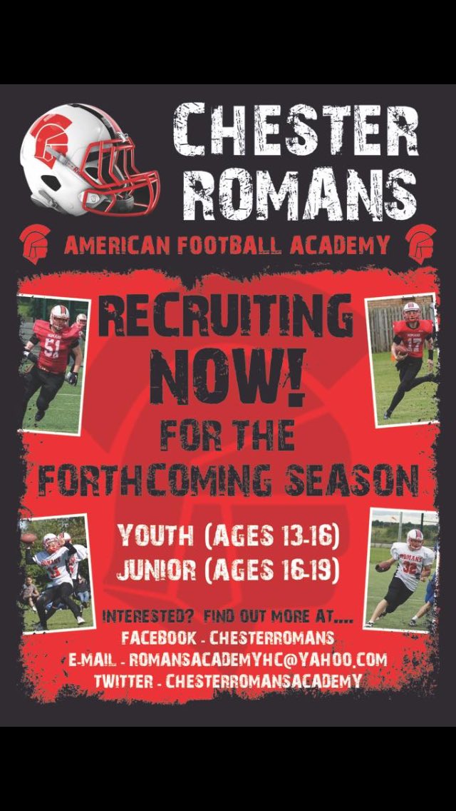 romansacademy's tweet photo. Aged 13-19 and fancy trying American Football? Chester Romans Academy taster sessions begin Sunday 5th November 10:00 @CheshireThe https://t.co/G8xkSl2pnp