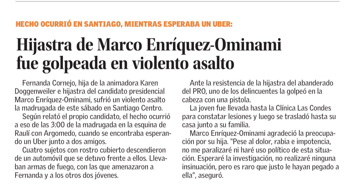 robertoampuero's tweet photo. Sigue desatada delincuencia. Ahora la sufre hija de ME-O. Ayer conversé con amigos santiaguinos agobiados x temor a sufrir portonazo o robo. https://t.co/lFNsd8ENWZ
