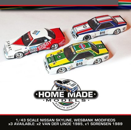 HMModels's tweet photo. 1/43 scale Nissan Skylines, WM South Africa 85-89, available as kits R1,150 or built models in display case R2,650 each excl. postage https://t.co/OubDsBpFTO