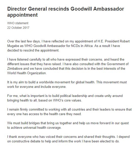 umzamocapital's tweet photo. Press statement by #WHO reversing President Mugabe's appointment as #GoodwillAmbassador for NCDs in Africa
#GoodwillForWHO #DearWHO #Mugabe https://t.co/ymzAoRMnGF