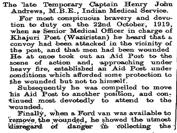 charlesfifield's tweet photo. 22 Oct 1919: Capt Henry Andrews MBE, Indian Medical Service, KIA treating wounded under heavy fire in Waziristan. Awarded #VictoriaCross https://t.co/p5HSwF734d