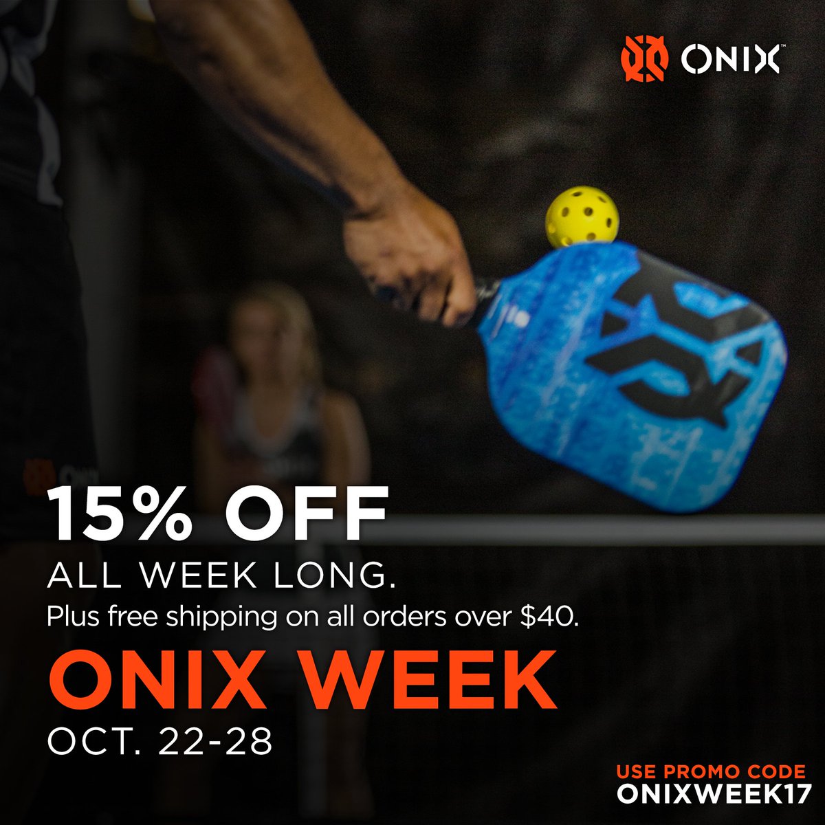 OnixPickleball's tweet photo. We're kicking #ONIXweek off with 15% off site wide AND free shipping on all orders over $40! Use promo code ONIXWEEK https://t.co/FjuboVtcye https://t.co/mgvMJOotyB
