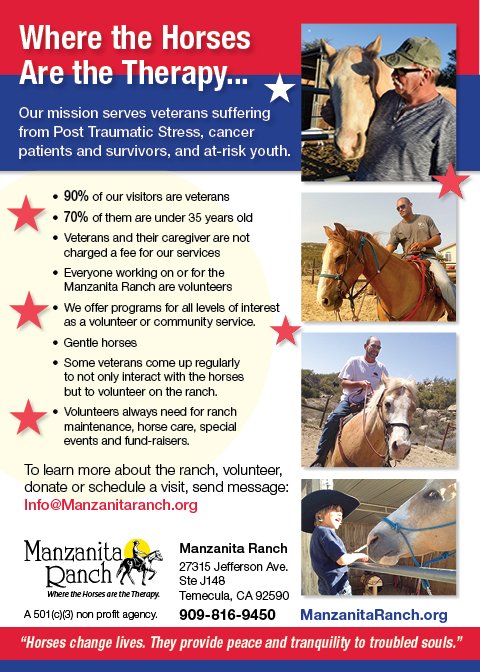 Where the Horses Are the Therapy. Our mission serves veterans w Post Traumatic Stress, cancer patients, and at-risk youth.