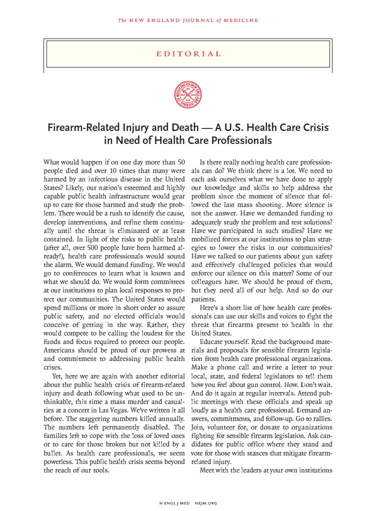 NEJM's tweet photo. Editorial: Firearm-Related Injury &amp; Death — A U.S. Health Care Crisis in Need of Health Care Professionals https://t.co/sk2nIJtjUh https://t.co/FClBcjDcQI