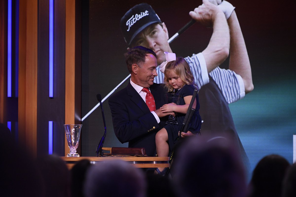GolfHallofFame's tweet photo. In case you missed the cutest 3 y/o to ever grace the stage of the HOF Induction, we give you @Love3d​ &amp; his g'daughter Eloise. #GolfHOF2017 https://t.co/NWJSWnSFlz