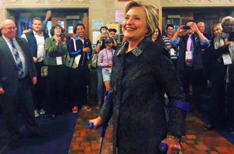 Hillary Clinton on crutches (from a broken toe?)