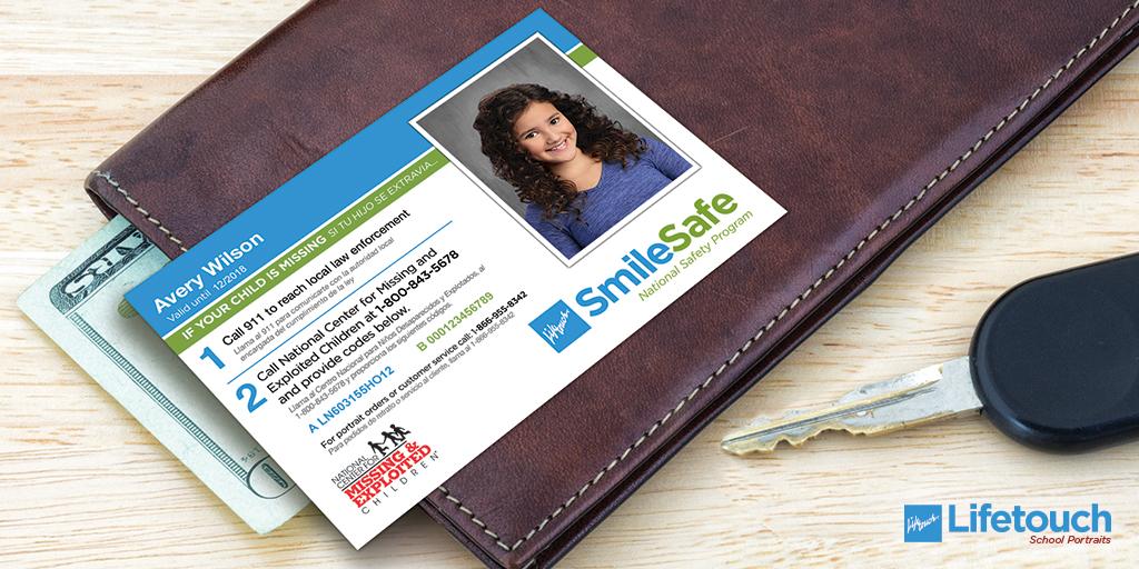 Lifetouch's tweet image. #SmileSafe ID cards provide families an important tool for the recovery of a missing child, a current portrait. bit.ly/2yGvjZc
