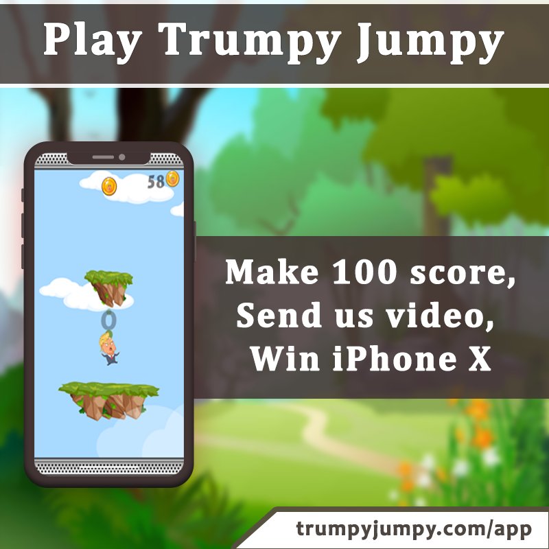 Trumpy_Jumpy's tweet photo. Play #TrumpyJumpy, Make just 100 points, Record it with Camera, Send it to @Trumpy_Jumpy, #WinIPHONEX, #iPhoneX https://t.co/Rr5csx4gIu https://t.co/t4eaQ2Rlot