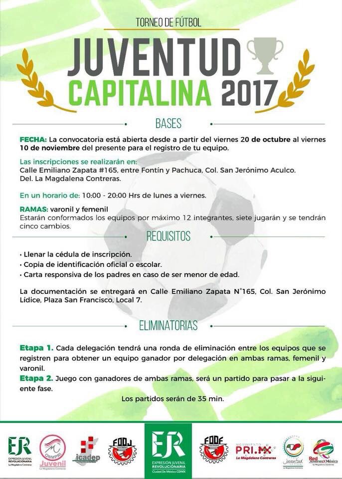 IRHMContreras's tweet photo. Los queremos invitar a que participen en el Torneo de fútbol Juventud Capitalina 2017! Los esperamos! https://t.co/uaSAc3Uta8