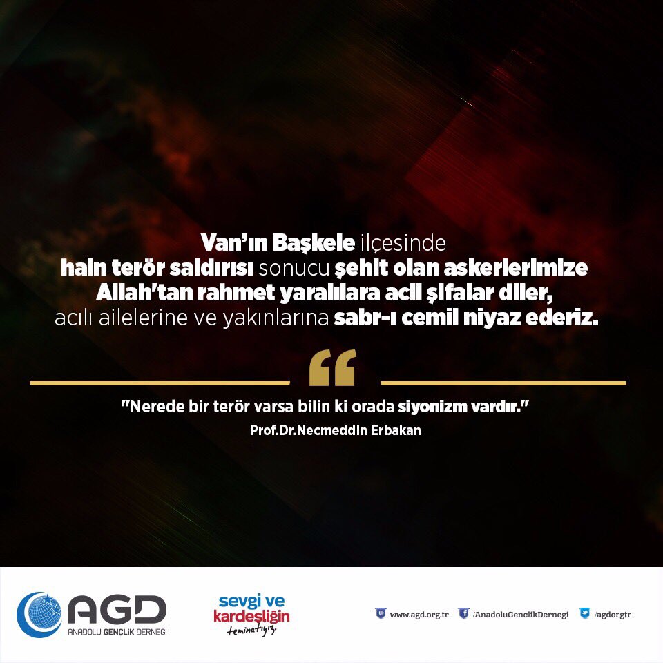 Van’ın Başkale ilçesinde hain terör saldırısı sonucu şehit olan askerlerimize Allah’tan rahmet, yaralılara acil şifalar dileriz.