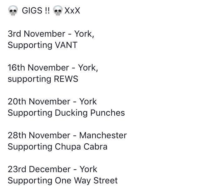 PTM_Official1's tweet photo. 💀MORE GIGS💀 @wearevant @OneWayStreetUK @rewsmusic @duckingpunches @FibbersYork #parttimemiserables https://t.co/YlGpAfkdRs