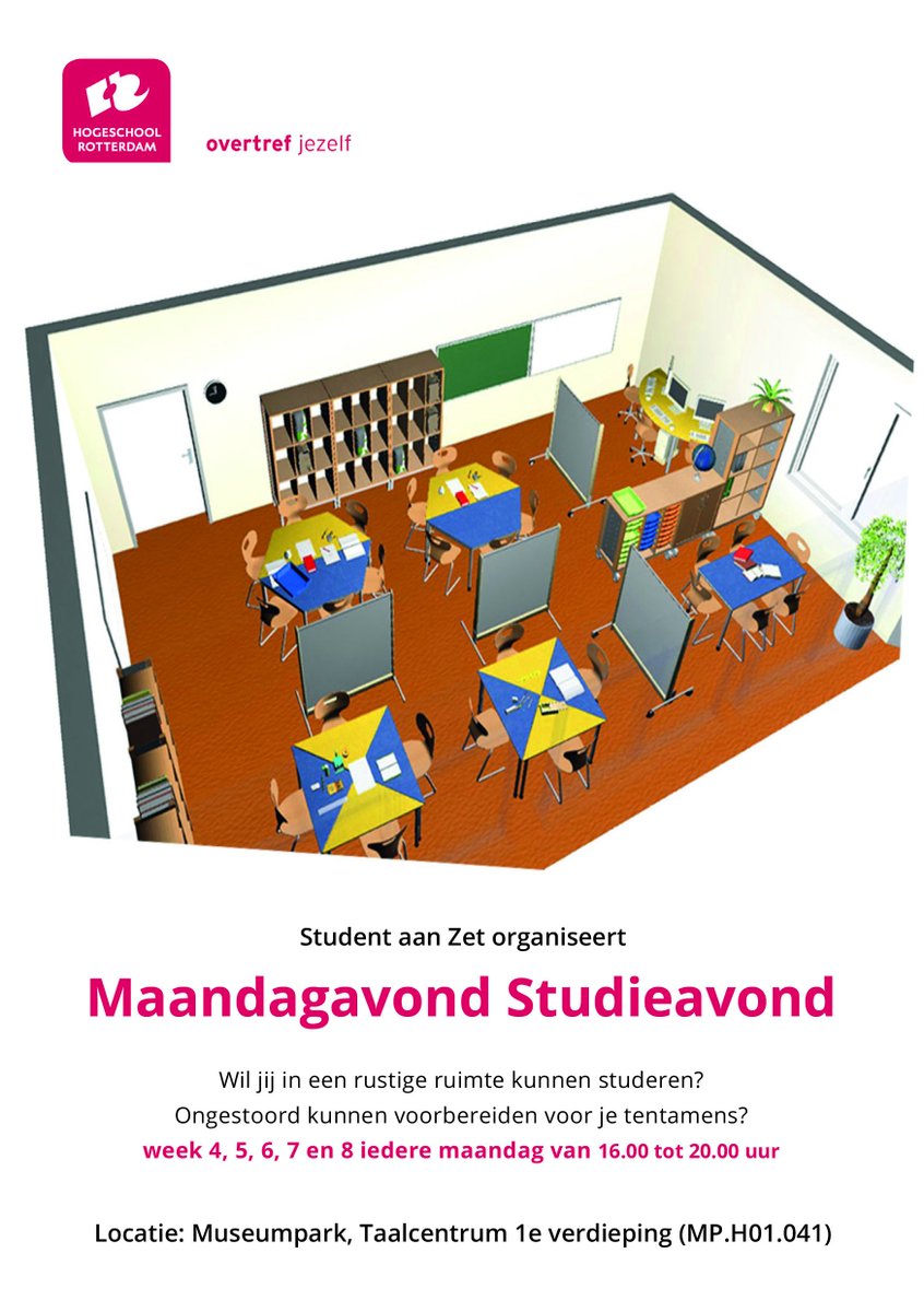 StudentaanZet's tweet photo. Maandagavond studieavond!! Kom je voorbereiden voor de tentamenweken! @hsrotterdam @RdamAcademy @paboHR #studeren #tentamen #periode1 #studie https://t.co/YNHCbUsmMM