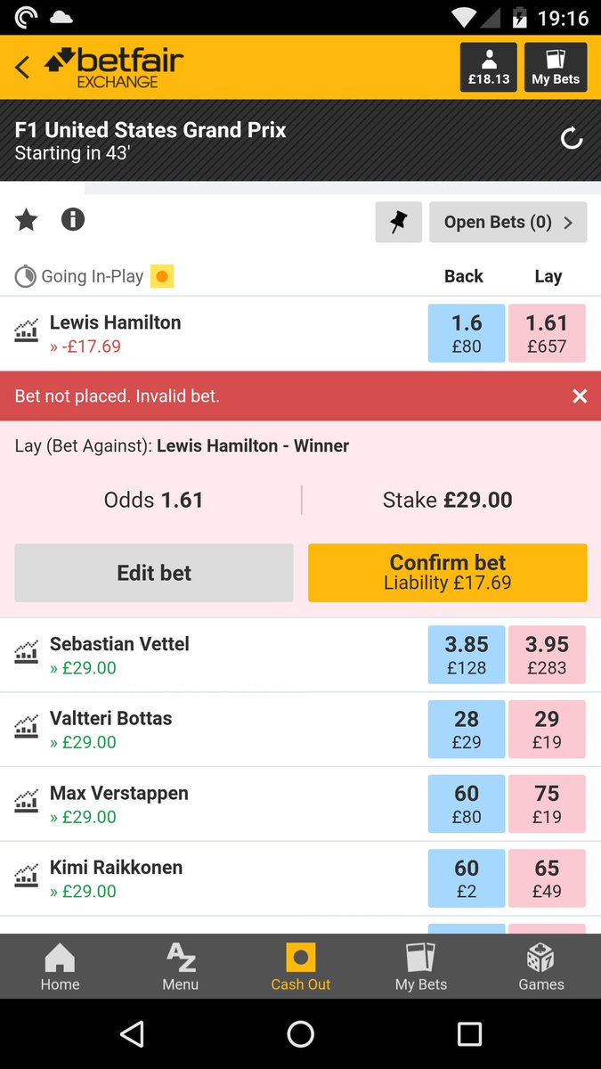 Chrisdaflower's tweet photo. @BetfairCS I tried to lay Lewis Hamilton to win the us gp before the race but kept getting "invalid bet" wtf!?! https://t.co/X70232rOdM