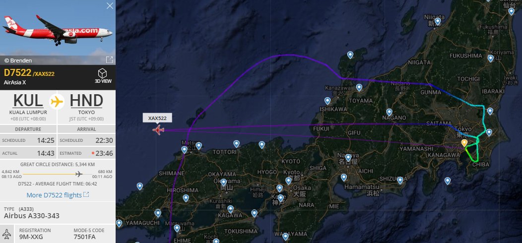 FlightIntl's tweet photo. AirAsia X flight #D7522 from Kuala Lumpur to Tokyo (HND) is diverting #TyphoonLan
https://t.co/1qcuZEeoLP https://t.co/tJpybSkvP1