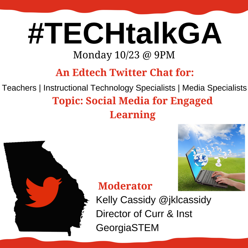 DrBurgessEdTech's tweet photo. Coming up tomorrow 9pm on #TECHtalkGA, we're talking Social Media for Engaged Learning!
Host @jklcassidy
Connect the pieces w/#GaETC17! https://t.co/9oejcDjoyW