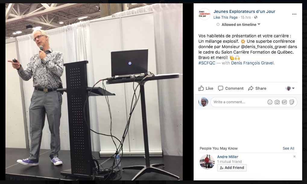Denis François Gravel (@presentabilite) on Twitter photo Les participants de <a href="/JeunesExplo/">JeunesExplo - Stages d'un jour</a> présents à ma conférence ont fait ma journée avec ces compliments. :) Merci
#SCFQC
#CultureDePresentation Les participants de <a href="/JeunesExplo/">JeunesExplo - Stages d'un jour</a> présents à ma conférence ont fait ma journée avec ces compliments. :) Merci
#SCFQC
#CultureDePresentation