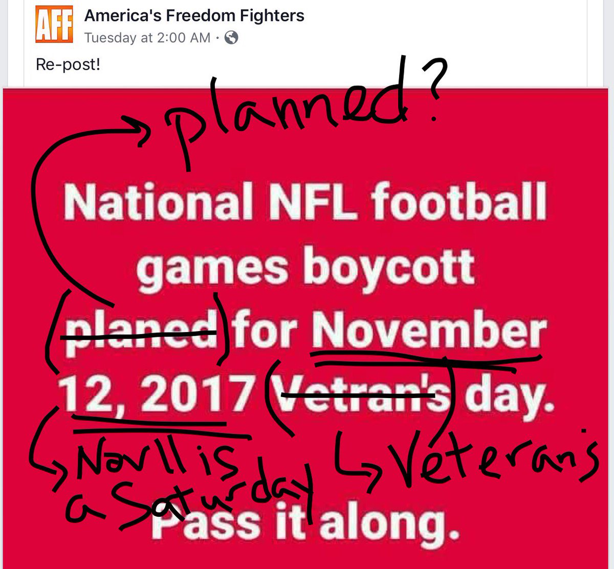 RCMcLean's tweet photo. Saw this post & fixed before sharing. Don’t worry @NFL fans. No #veteransday games to boycott. That’s Sat. 11/11/17 #factchecksmatter https://t.co/UybATStK16