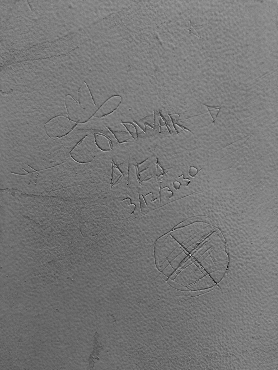caitlevine's tweet image. #writingprompts "COLDWAR DIED 3/12/3030" written on the bathroom wall in 2017...