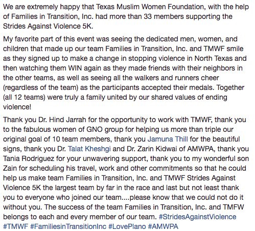 Ann4Plano's tweet photo. The success of team #FamiliesInTransitionInc & #TMWF belongs to each & every member of our team! #StridesAgainstViolence #LovePlano #AMWPA https://t.co/R7xw0O3uNJ