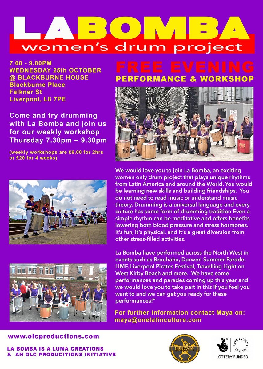 olcproductions's tweet photo. WED250CT 7.00-9.00pm @BlackburneHouse Come &amp; try some fun drumming @LaBombaLpool @toxtethtownhall @_OpenCulture @CultureLPool @LIMFestival https://t.co/pGlgWuhscG