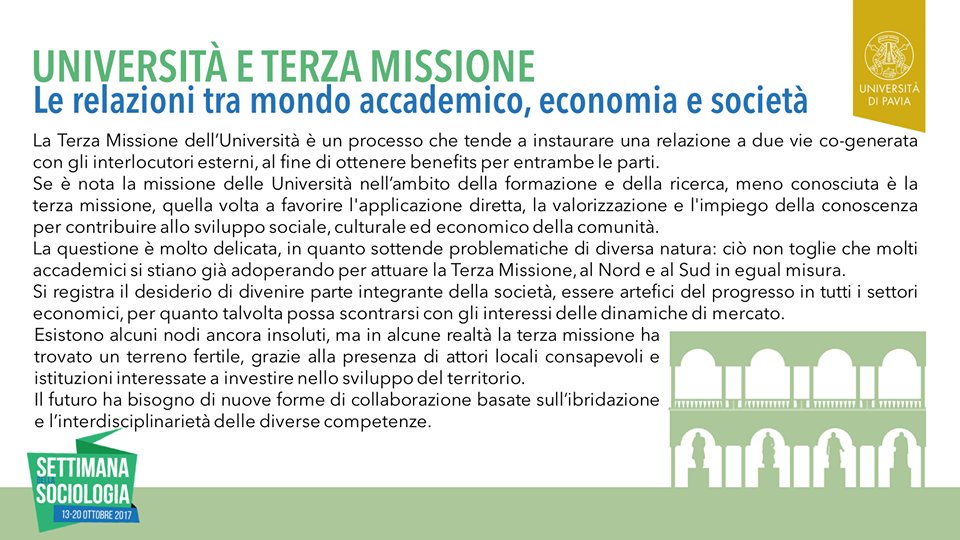 WeekSoc2017_PV's tweet photo. Università e terza missione, ecco il nostro racconto.Buona lettura. @WeekSoc2017 #WeekSoc2017 #PaviaSoc2017 https://t.co/zEKERhqHyh
