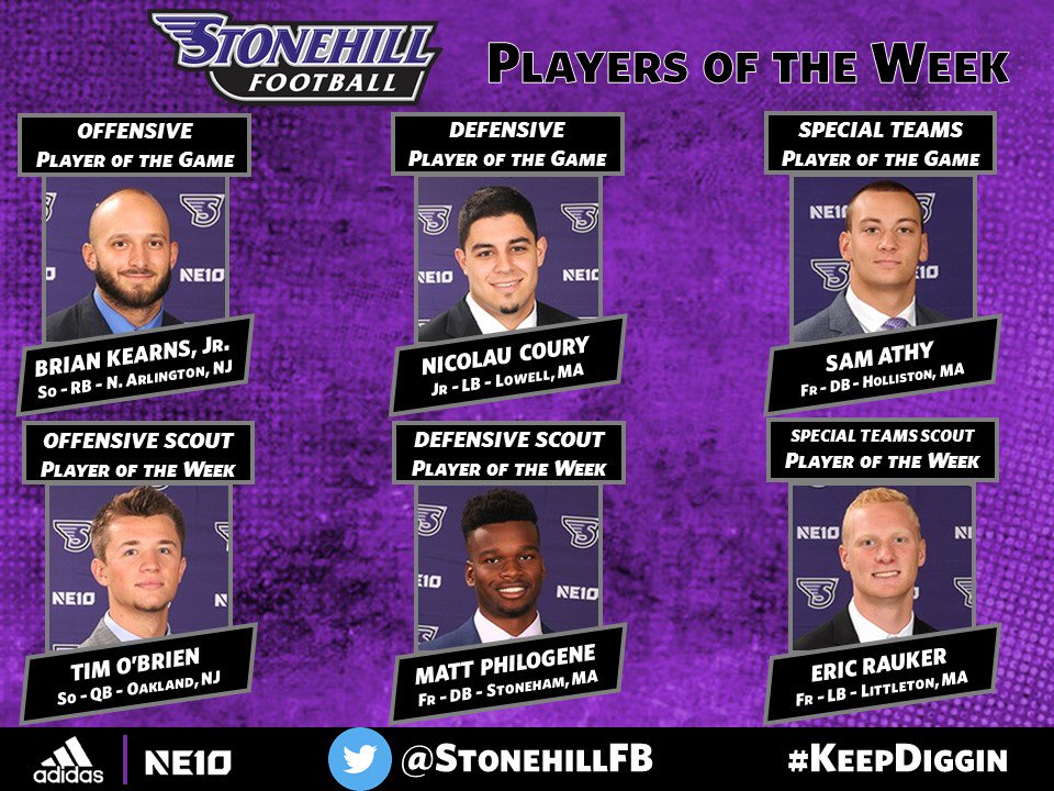StonehillFB's tweet photo. Congrats to the Players of the Week following our 41-35 overtime victory over rival Bentley! #KeepDiggin https://t.co/K8okz0CeS3
