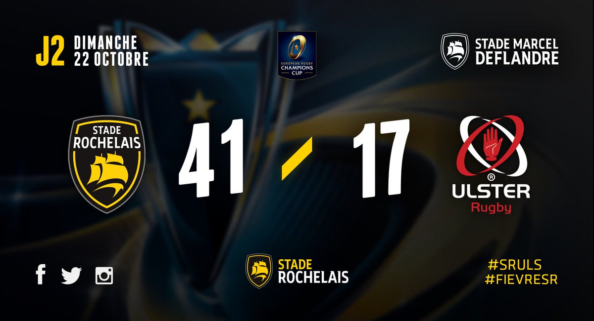 staderochelais's tweet photo. Pour cette grande première à Deflandre, Les Rochelais s'imposent avec le bonus offensif face à l'@UlsterRugby !! #ChampionsCup #FievreSR https://t.co/78DPnal8cU