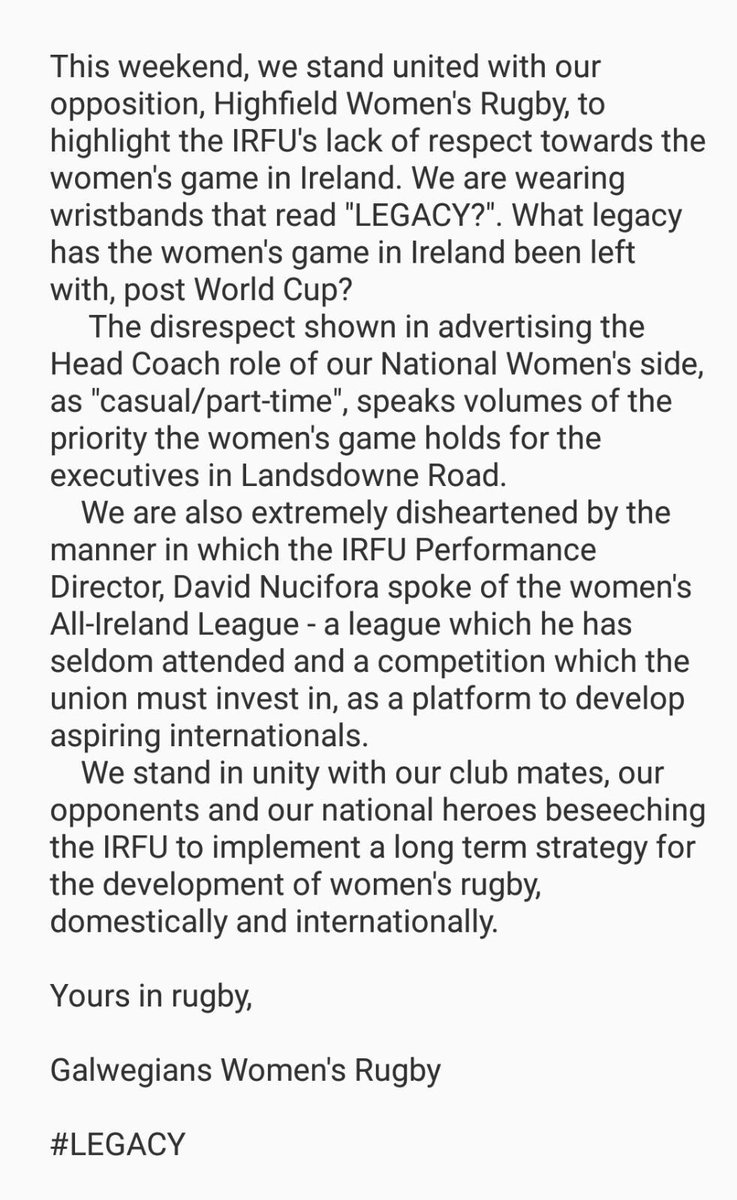 GalwegiansWomen's tweet photo. #LEGACY #actuallybringit #WeLoveOurLeague #Respect #Unity @IrishRugby @ScrumQueens  Show your support https://t.co/CRF1cMD1cf