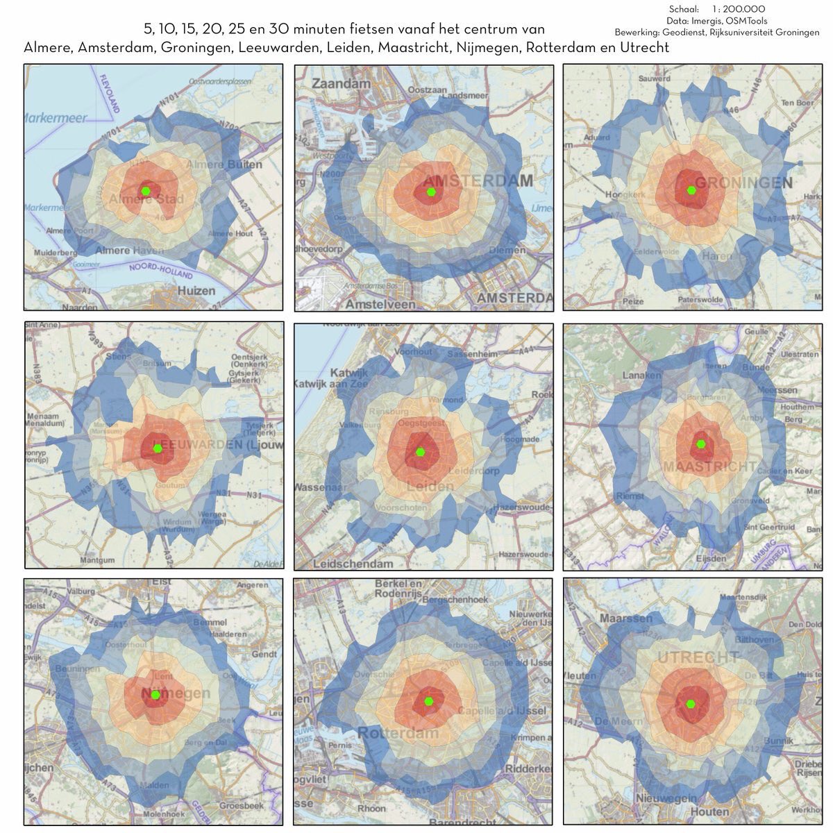 modacitylife's tweet image. Visualizing the vast areas of Dutch cities accessible within a 30 minute bike ride. This is transportation equity. rug.nl/society-busine…
