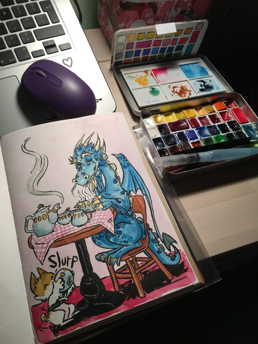 AnnimatedDragon's tweet photo. Inktober 2017 Day 22
#inktober2017 prompt: trail. Inks- pentel brush pen &amp; watercolours. - at the end of a long trail, tea with a dragon. https://t.co/VhDWA7eQ1V