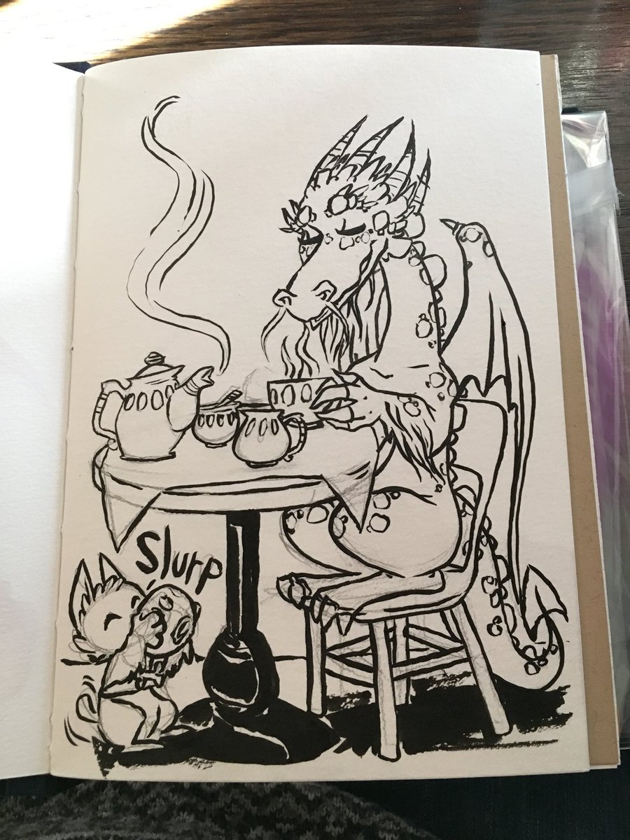 AnnimatedDragon's tweet photo. Inktober 2017 Day 22
#inktober2017 prompt: trail. Inks- pentel brush pen &amp; watercolours. - at the end of a long trail, tea with a dragon. https://t.co/VhDWA7eQ1V