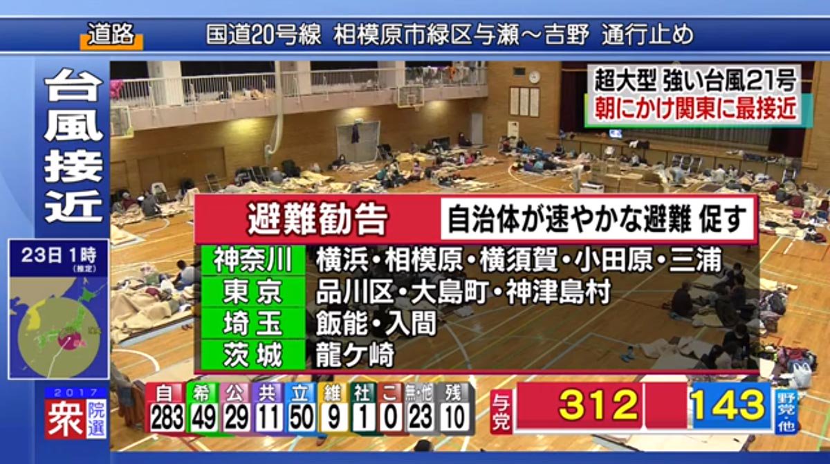 選挙情報と台風情報などが重なったtv画面の情報量が多すぎてカオス Togetter
