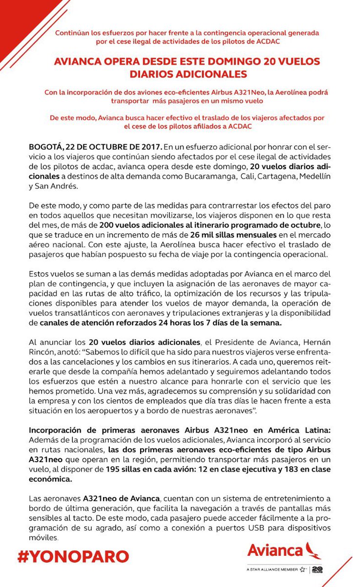 avianca's tweet photo. Continúan los esfuerzos por hacer frente a la contingencia operacional desde hoy contamos con 20 vuelos diarios adicionales. #YoNoParo https://t.co/PG76F5iRh0