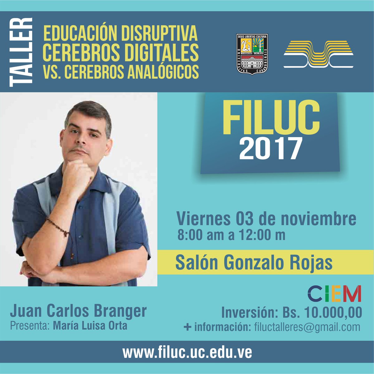 Filuc_oficial's tweet photo. Participa en el taller "Educación disruptiva. Cerebros digitales vs. cerebros analógicos", de @jcbranger #Filuc2017 #ParaSeguirLeyendo https://t.co/kF3Iw1tZnY