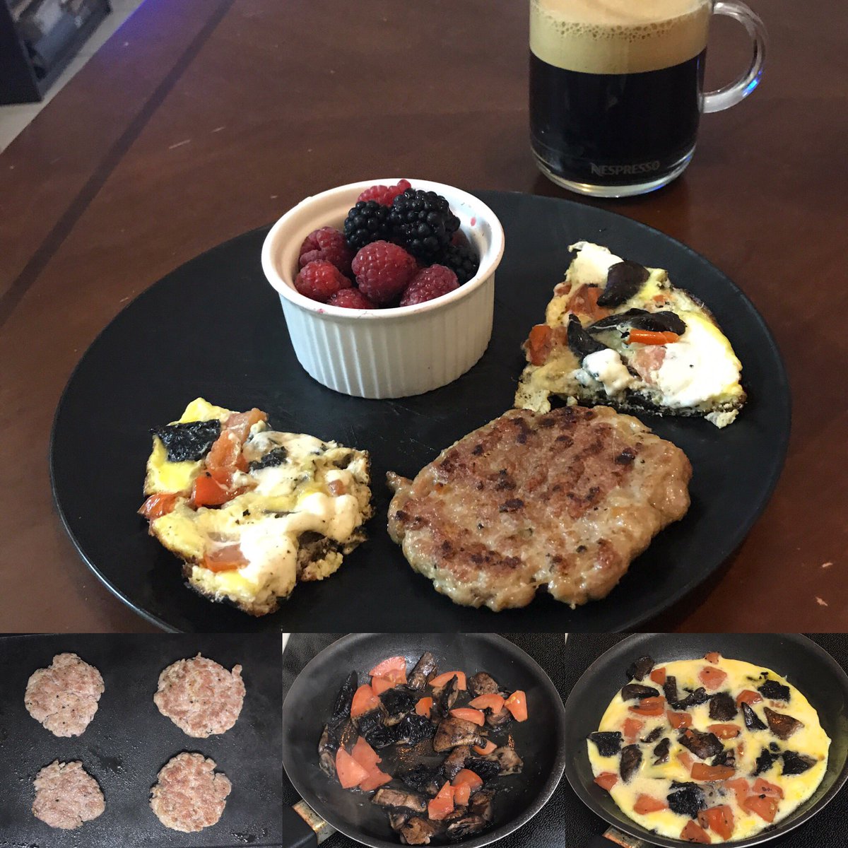 lloydert's tweet photo. Seared up fresh country sausage, #PortebelloMushroom, 🍅 #mozzarella #frittata to go w/ @NespressoUSA #BaristaScuro ☕️ flavor #vertuoline https://t.co/90cSWoQ2Rx