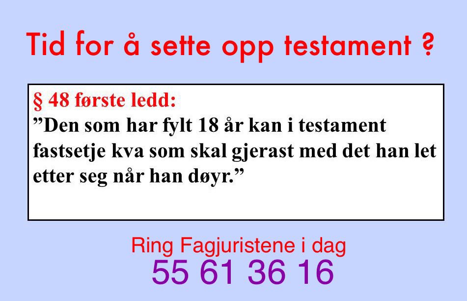 Fagjuristene i Bergen bistår i opprettelse av testament. Alltid gratis vurdering. Sjekk ut fagjuristene.no