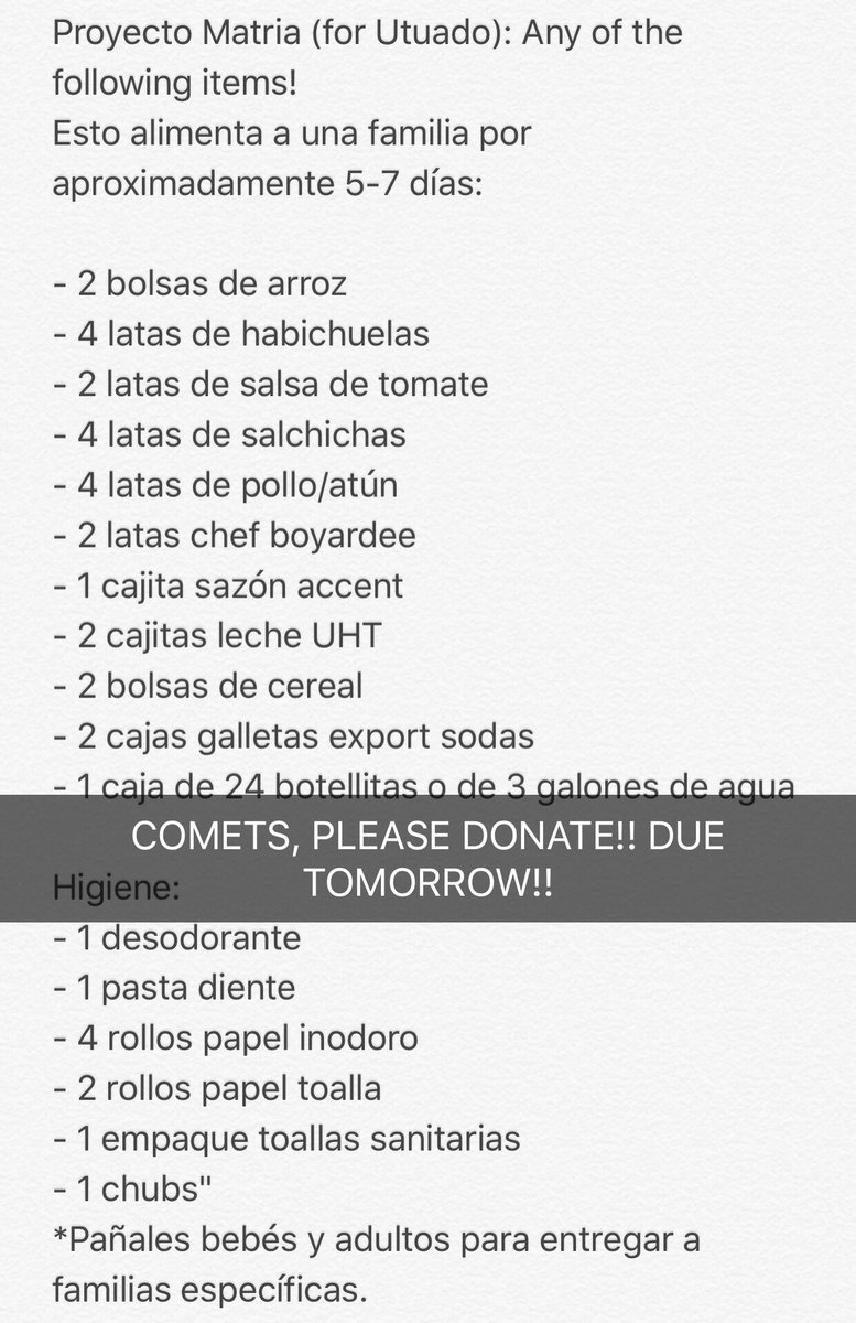ClubComets's tweet photo. COMETS PLEASE DONATE ANY OF THE FOLLOWING ITEMS FOR TOMORROW! https://t.co/9997YVYjw4