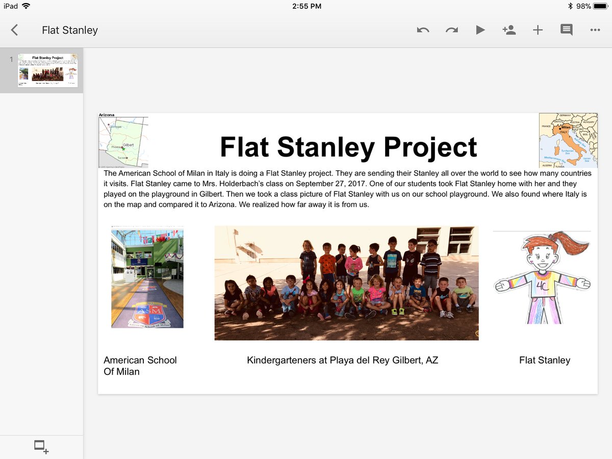 Rachelholderba2's tweet photo. My classroom teamed up with a school in Milan, Italy to do a flat Stanley project. We had so much fun. I used Google Slides to make this. https://t.co/QHl3KJjFOz