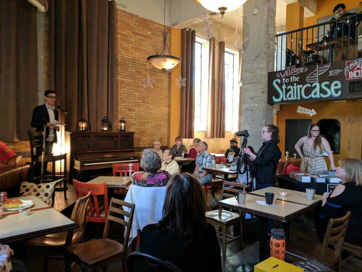.@JesseDorey15, co-founder of <a href="/paperstjournal/">Paper Street Journal</a>, introduces our next authors: Daniel Coleman and <a href="/writeoncherie/">Cherie Dimaline</a>. #hamont