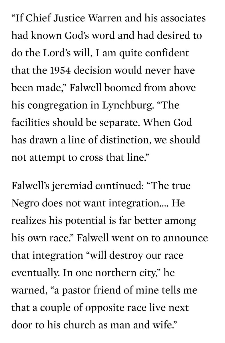 Rev. Jerry Falwell, founder of  #libertyuniversity discussing how "integration" would destroy "our race".   #tcot  #tlot