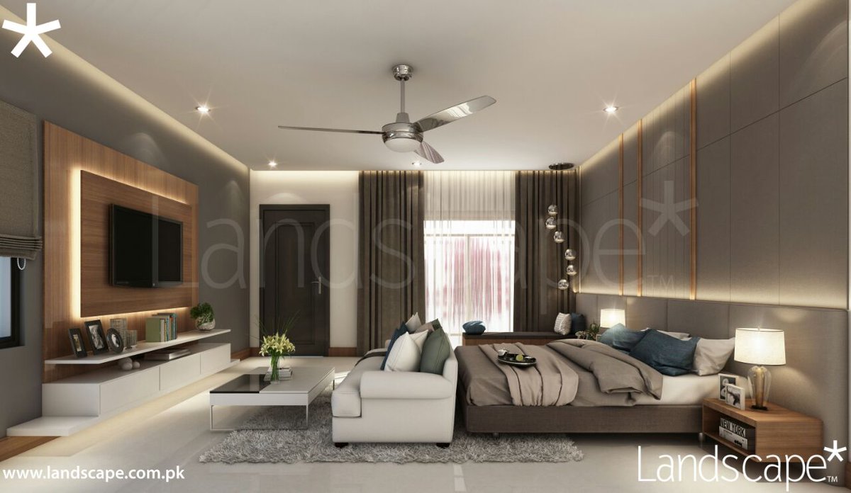 LandscapePLC's tweet photo. Pleasing 3D view of a bedroom interior, with a monochrome palette and wooden panel with diffused lighting for the television.
#landscapeplc https://t.co/KyeccVoOhi