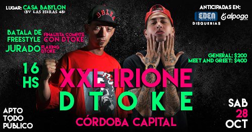 BarrioProduce's tweet photo. #Irioneros! Cada vez más cerca del show de @xxlirione y @DtokeFree en Cba @casaBabylonclub
::: + info en ➡️ https://t.co/uraaAMurWR https://t.co/OnE8gaz4NB