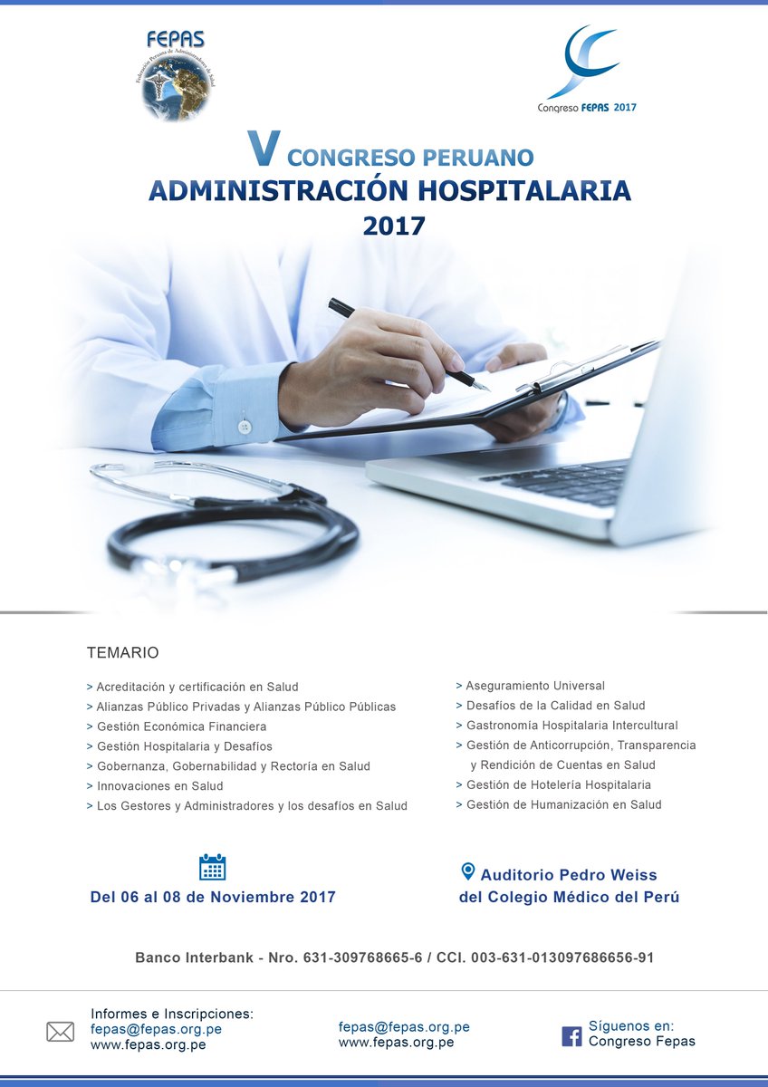 FEPAS_Salud's tweet photo. Bienvenidos a nuestro #CongresoFEPAS 2017  "V Congreso Peruano de Administración Hospitalaria" Inscripciones: https://t.co/Uxa7hbRJgh https://t.co/qzvGhlYs2b