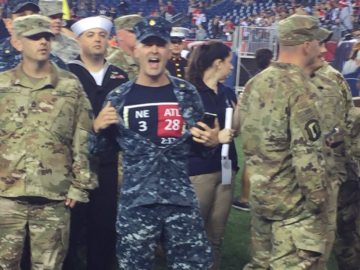 RaulNBCBoston's tweet photo. Ok #PatriotsNation. My favorite fan so far tonight. Check out this member of the military. Can you guess who he's cheering for?
@nbcboston https://t.co/lM6qbMUv02