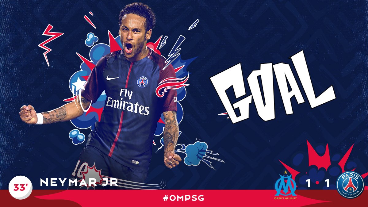 PSG_English's tweet photo. 33' GOOOOOOOOOAAAAALLL PSG!!! And there's that equalizer!!! Courtesy of @neymarjr !!! #OMPSG https://t.co/ELwl6ngGe8