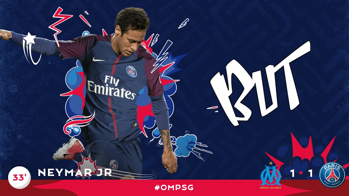 PSG_inside's tweet photo. 33' OUI ! L'égalisation par @neymarjr !!! #OMPSG https://t.co/j2BsKxzzkt