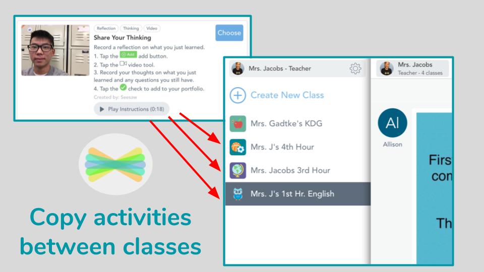 Seesaw's tweet photo. Now teachers can copy activities between classes or use them again next school year! https://t.co/D9jZjQdwb8 https://t.co/gDzLvhTlsf
